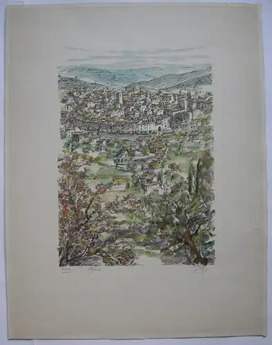 Vence Gesamtansicht France kolor Federlithografie signiert 1977 Provence