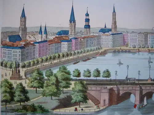 Hamburg Jungfernstieg Lombardsbrücke Binnenalster kolor. Federlithografie 1889