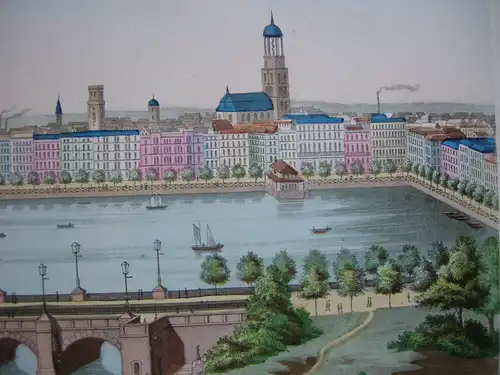 Hamburg Jungfernstieg Lombardsbrücke Binnenalster kolor. Federlithografie 1889