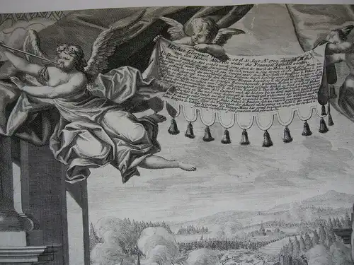 J. A. Corvinus (1683-1738) Bataille de Mons Allegorischer Orig Kupferstich 1720