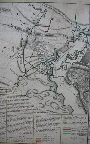 Einblattdruck Belagerung Prag Österr Erbfolgekrieg kolor Kupferstich Homann 1743