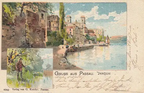 AK Passau Niederbayern Innquai Angler Künstlerkarte gel 1901 Litho