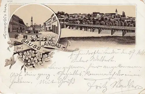 AK Landau Niederbayern Gesamtansicht Isarbrücke Marienplatz gel 1898