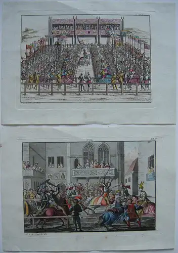 Adelige Ritterspiele 2 kolor Orig. Kupferstich um 1800 Ritterturnier Pferde
