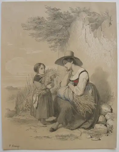 Francois Grenier (1793-1867) Kleine Erntehelferin Orig Lithografie um 1850