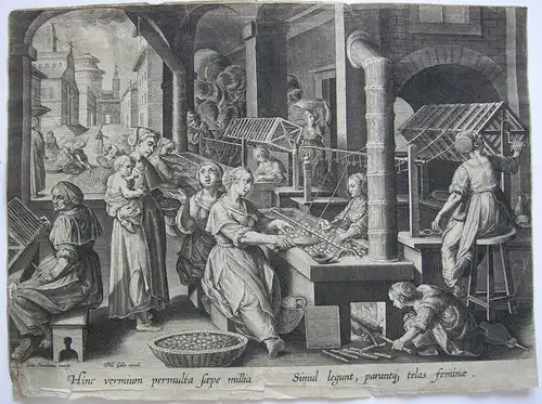 Philip Gallé (1537-1612) Seidenspinnerei Nova reperta Orig Kupferstich 1600
