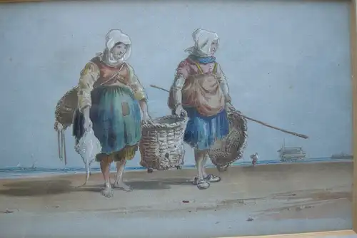 Charles Cooper Henderson (1803-1877) Fischerinnen am Strand Orig Aquarell 1850