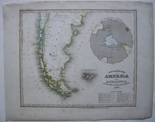 South America Patagonia Feuerland Falkland Inseln kolor Orig Stahlstich 1844