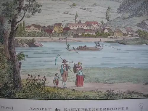 Kahlenberg Wien Österreich Ansicht über Donau kol Umrissradierung 1890