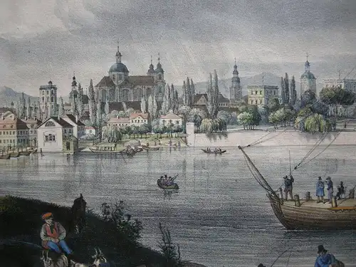 Mannheim Gesamtansicht über Rhein Orig Lithografie 1840 Jesuitenkriche Schloss