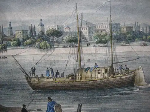 Mannheim Gesamtansicht über Rhein Orig Lithografie 1840 Jesuitenkriche Schloss