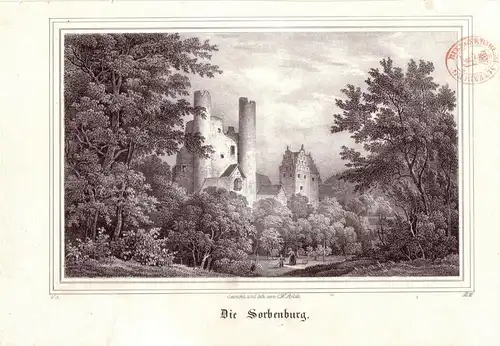 Die Sorbenburg Saalfeld Saale  Kreidelithographie von C. W Arldt 1840 Sachsen