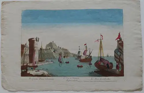 Vue d’optique Guckkastenblatt Hafen Gibraltar Puerto  Kupferstich 1750 Spanien
