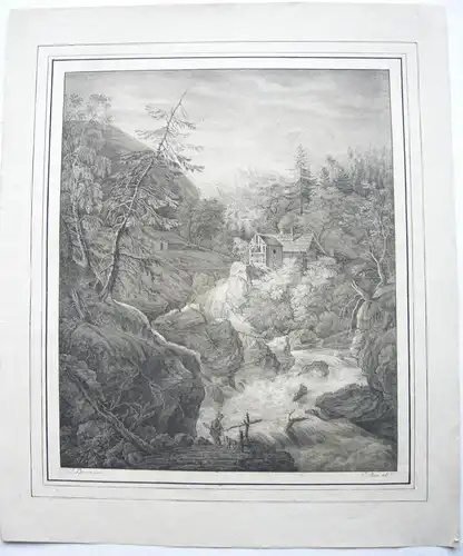 Lohbach b Egern frühe Orig Lithographie Caspar Auer nach Dorner 1819 Wasserfall
