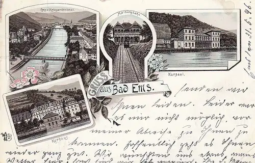 AK Bad Ems Ansicht v. Kriegerdenkmal Malbergbahn Kursaal Kurhaus gel 1896 Litho