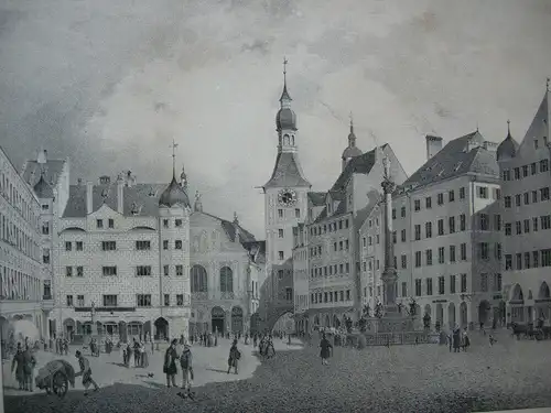 München Marienplatz Altes Rathaus Orig Lithographie 1830 C. A. Lebschée