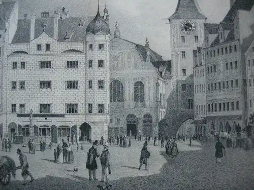 München Marienplatz Altes Rathaus Orig Lithographie 1830 C. A. Lebschée