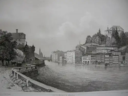 Vorstadt Stein in Salzburg Orig. Stahlstich C. Huber 1847