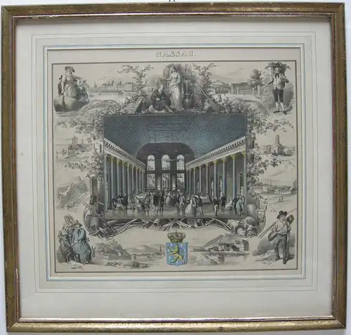 Wiesbaden Nassau Kursaal Randdarstellungen Orig. Farblithografie Hohbach 1836