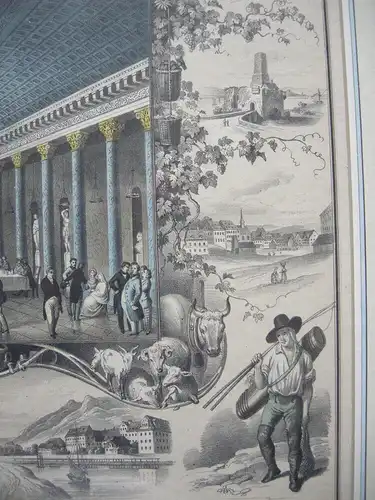 Wiesbaden Nassau Kursaal Randdarstellungen Orig. Farblithografie Hohbach 1836