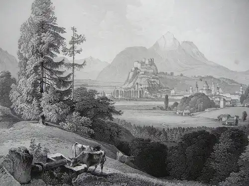 Salzburg vom Kreuzberge bei Aigen Orig. Stahlstich W. Lange 1847