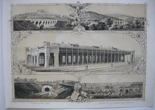 Kaiserin Elisabeth-Westbahn Bahnhof St. Pölten getönte Orig Lithografie 1860