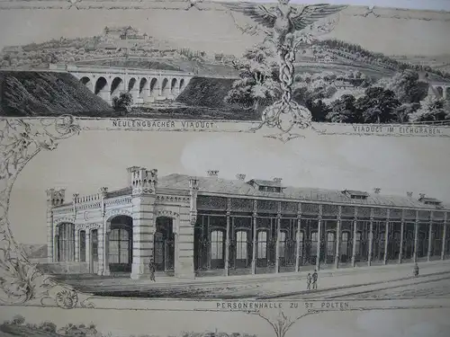 Kaiserin Elisabeth-Westbahn Bahnhof St. Pölten getönte Orig Lithografie 1860
