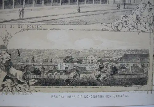 Kaiserin Elisabeth-Westbahn Bahnhof St. Pölten getönte Orig Lithografie 1860