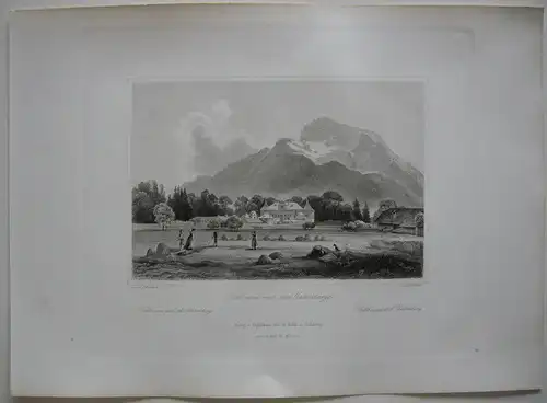 Hellbrunn mit Untersberg Salzburg Orig. Stahlstich C. Huber 1847