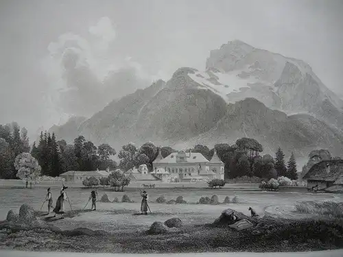 Hellbrunn mit Untersberg Salzburg Orig. Stahlstich C. Huber 1847