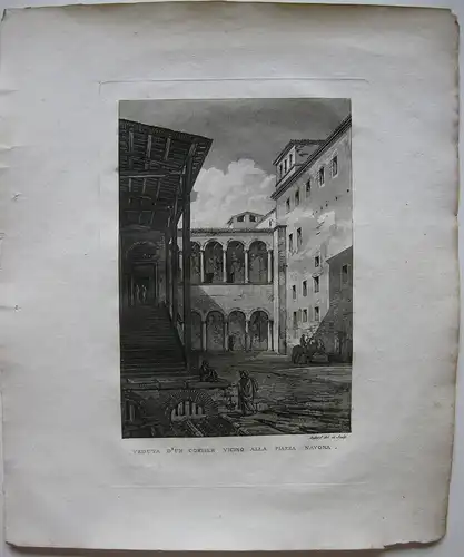 Louis-P. Baltard (1764-1846) Roma Cortile Pzza Navona Orig Aquatinta 1806 Italia
