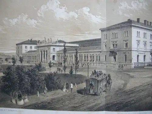 Kaiserin Elisabeth-Westbahn Bahnhof Wien Hauptgeb getönte Orig Lithografie 1860