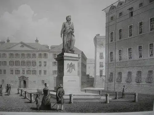 Mozartplatz in Salzburg Orig. Stahlstich C. Huber nach Fischbach 1847