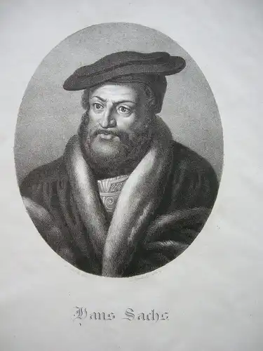 Hans Sachs (1494-1576) Dramatiker Reformator Orig Lithografie Lanzedelly 1825