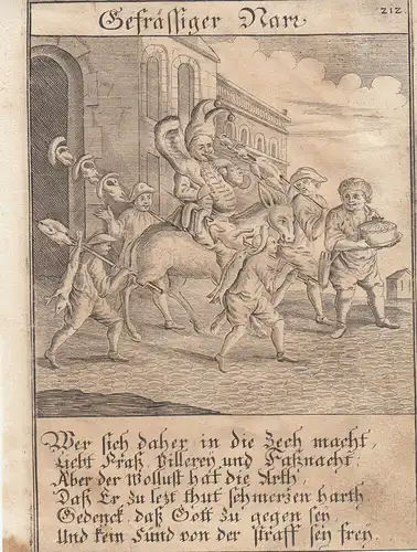 Gefräßiger Narr Fress-Sucht Orig Kupferstich Abraham a Sancta Clara 1709