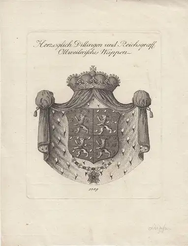Wappen Reichsgrafen von Ottweiler Dillingen Saarland Orig Kupferstich 1789
