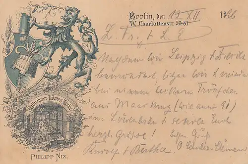 AK Berlin Münchner-Löwen-Bräu Philipp Nix Löwenbräu  gel 1895 Brauerei