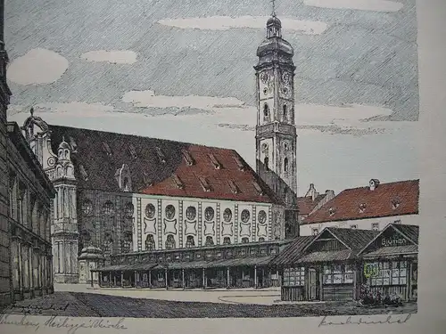 München Heiliggeistkirche und Viktualienmarkt Orig Radierung Winkel 1946 sign