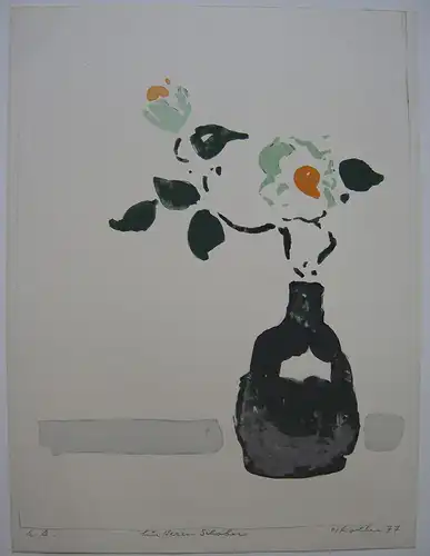 Oskar Koller Blumen in Vase Orig Farblithographie signiert 1977 aquarelliert