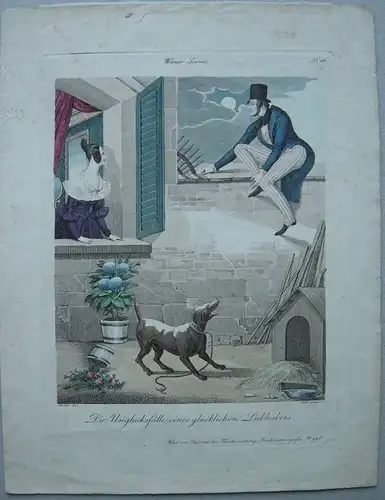 Karikatur Wien Unglück glücklicher Liebhaber Biedermeier Ori Farbradierung 1850