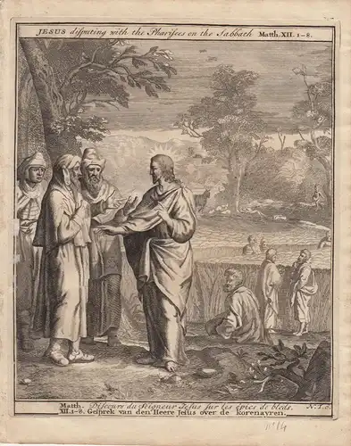 Jesus disputiert mit den Pharisäern Bibel Orig Kupferstich 1710