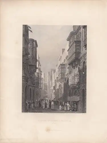 Malta La Valetta Strada St. Ursola Orig Steel engraving 1850 S. Prout Finden