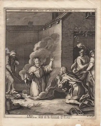Saul mit Totenbeschwörerin Endor Samuel Bibel Orig Kupferstich 1710