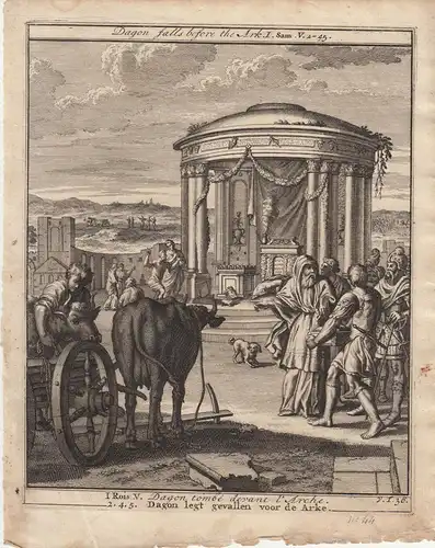 Dagon fällt vor der Bundeslade Samuel Bibel Orig Kupferstich 1710