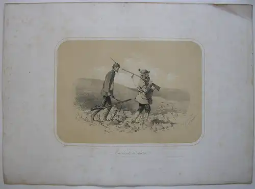 Zwei Jäger Jagd-Abenteuer kolor Orig Lithografie Tony Strassgschwandtner 1860