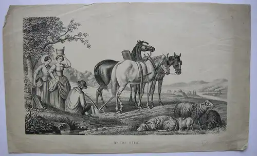 By the Stile am Zaun Pflügender Bauer Bäuerinnen Lithografie 1850 Agrikultur