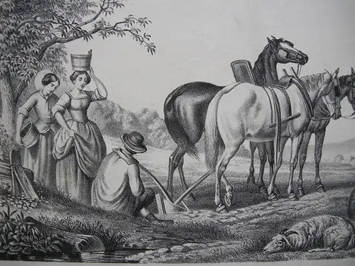 By the Stile am Zaun Pflügender Bauer Bäuerinnen Lithografie 1850 Agrikultur