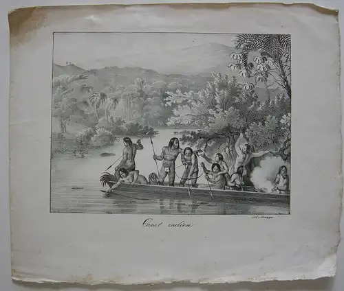 Brasilien Canot indien Fischende Indios Orig Lithografie Honegger 1845 Bresil