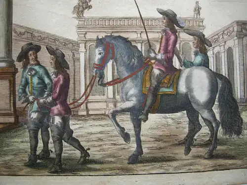 Peter Troschel Reitschüler Unterricht kolor Kupferstich 1678 Pferdedressur