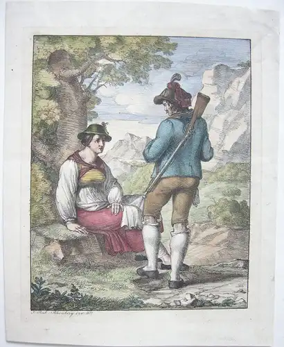 Josef Anton Rhomberg (1786-1855) Jäger Bäuerin Kreidelithografie Inkunabel 1817